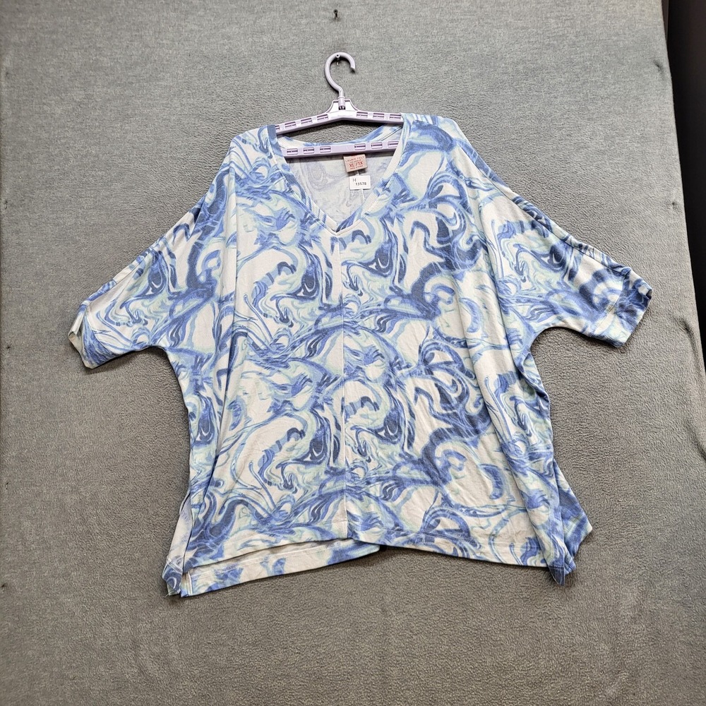 Laurie Felt Women Top 1X Blue Marble Tunic Knit 3/4 Sleeve Pullover